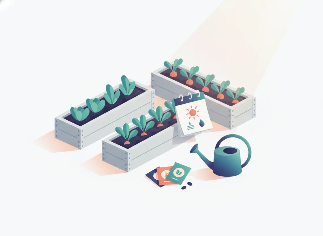 A cozy home garden with planter boxes and a planting calendar
