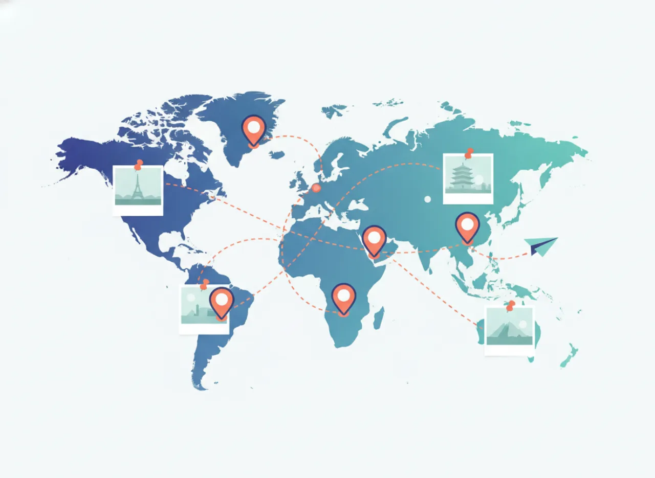 A world map with pins, travel routes, and pinned photos